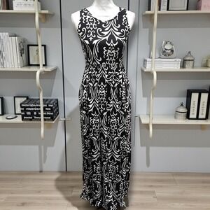 Womens Boutique Black White Damask Scroll Maxi Dress Sleeveless Empire Waist 3XL
